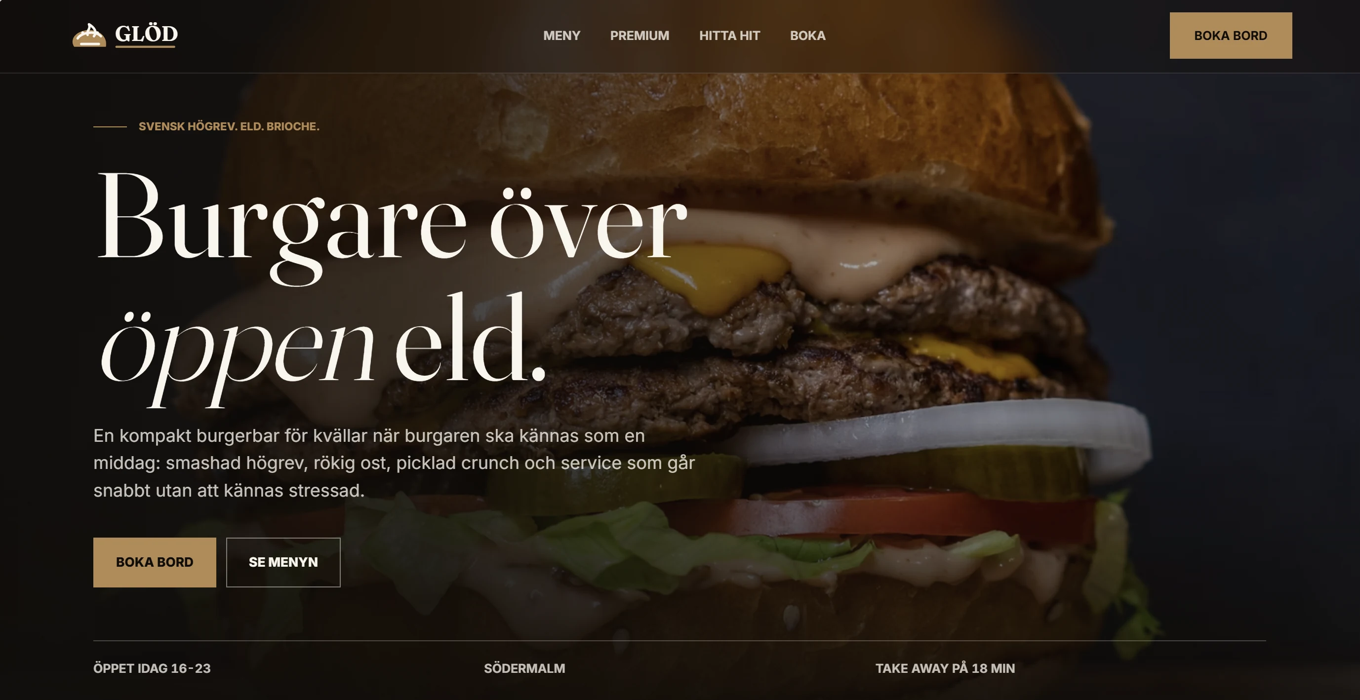 Desktop homepage design for GLÖD burger bar