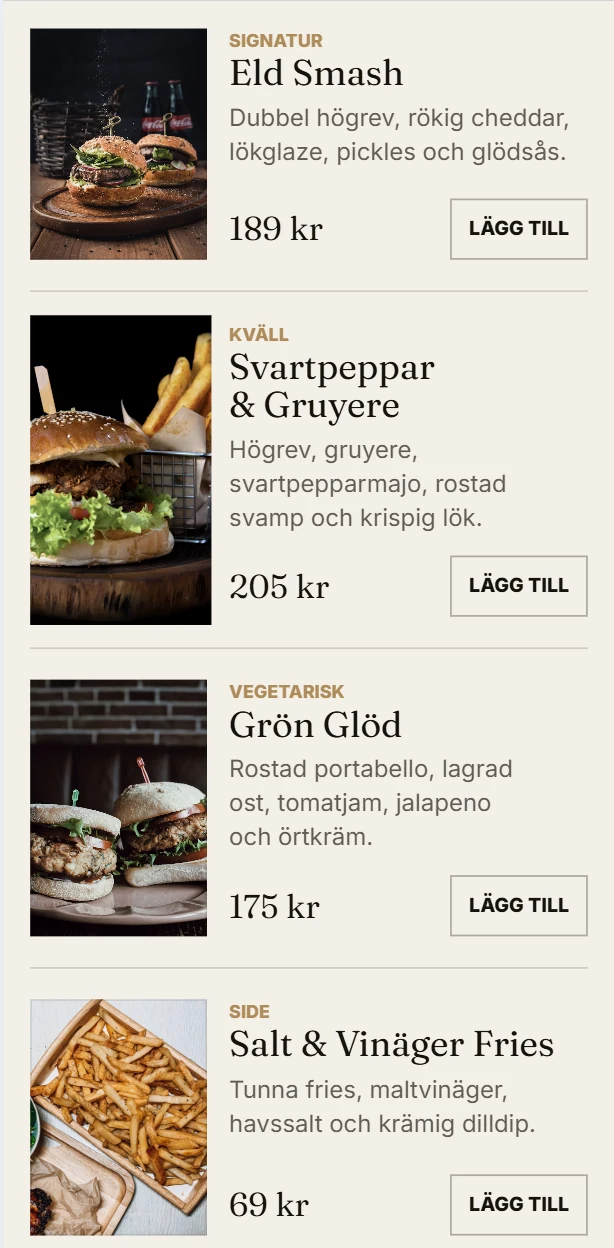 Mobile homepage design for GLÖD burger bar
